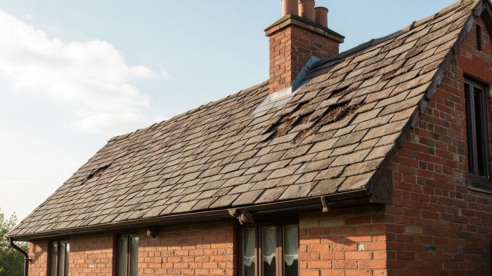 Weathered roof with missing shingles and visible wear, showcasing effects of time and elements on brick house