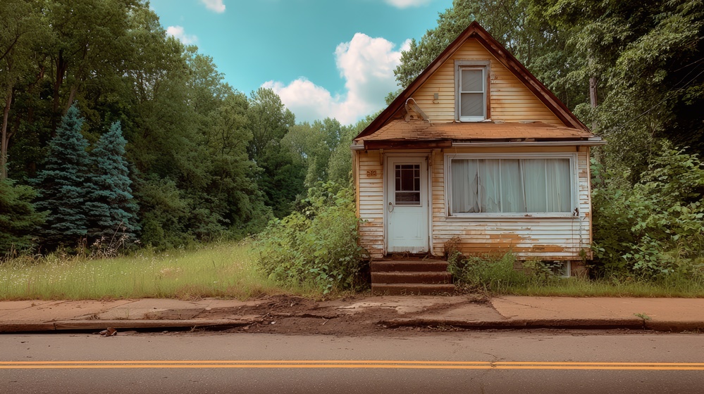 Small, old house with a white door sits on a street with a grassy area in front of it. The house appears to be in a state of disrepair, with peeling paint and a weathered appearance