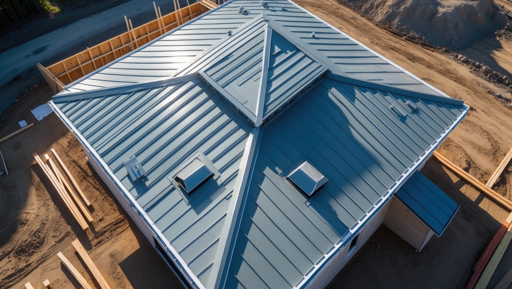 Aerial perspective of house retro roof panel featuring standing seam and fasteners. Classic gray metal panel with rebate joint. Contemporary galvanized steel roofing sheet with ribs. Building's cov...