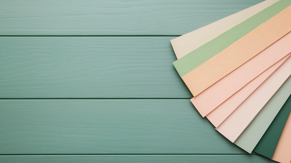 Colorful vinyl siding samples on wooden surface.