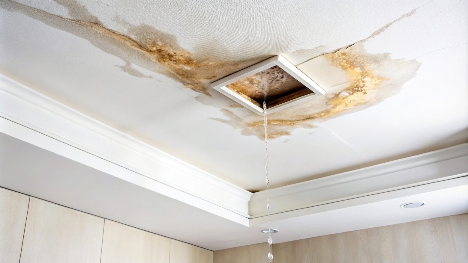 Water leak on white ceiling accident insurance neglect disorderly careless neighbours