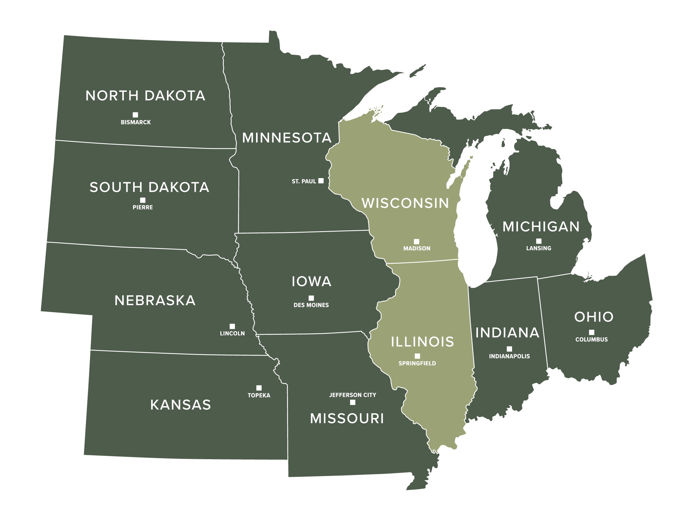 Map of the United States featuring the Midwest, with a focus on Wisconsin and Illinois highlighted.