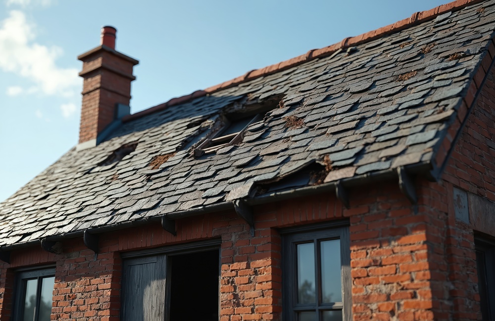 Old brick building with damaged roof. Leaking roof with missing tiles. House requires repair. Building exterior with broken roof. Weathered architectural elements, ruin renovation needed.