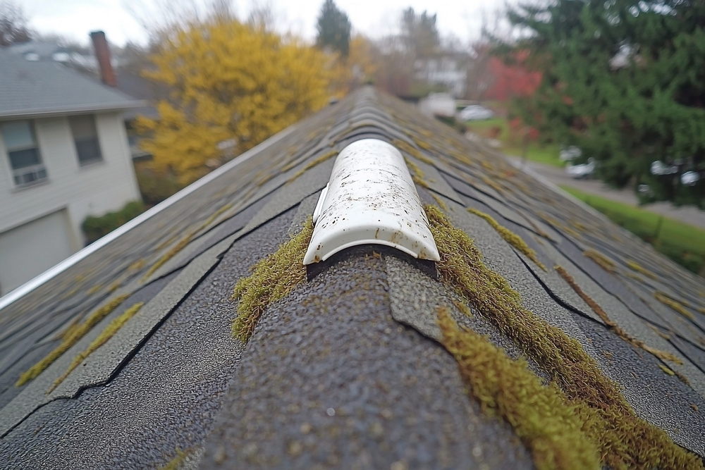 A close-up shot captures the weathered texture of residential roof shingles, accentuated by patches of moss growth. The ridge of the roof is visible, and the composition emphasizes the natural process of decay and the presence of organisms on the building's exterior.