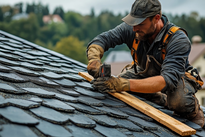 Roofer installs wooden base on steep slate roof during overcast day in residential area